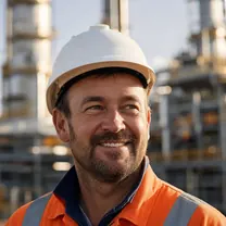 An oil and gas site supervisor in a hard hat, smiling.