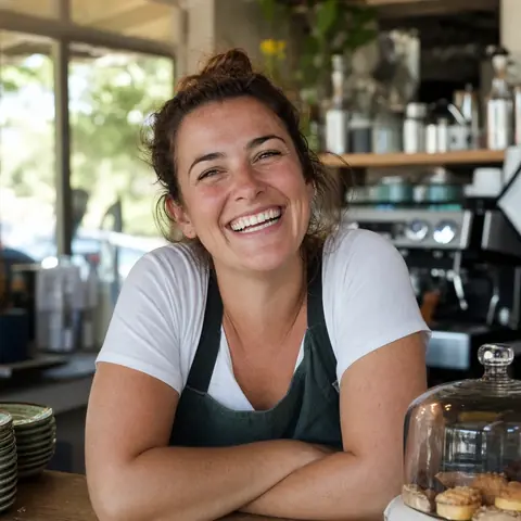 A cafe owner laughing behind her counter.
