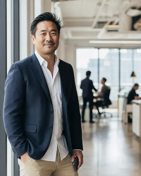 A business owner in a bright office, smiling, phone in hand.