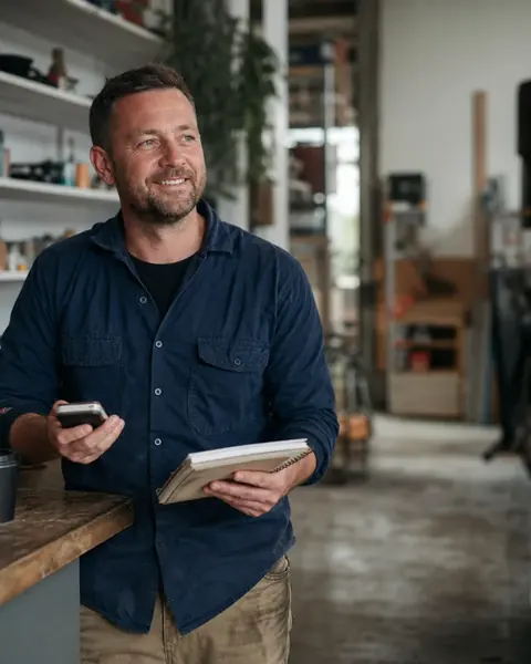 A small business owner in his workshop, phone in one hand and notebook in the other.